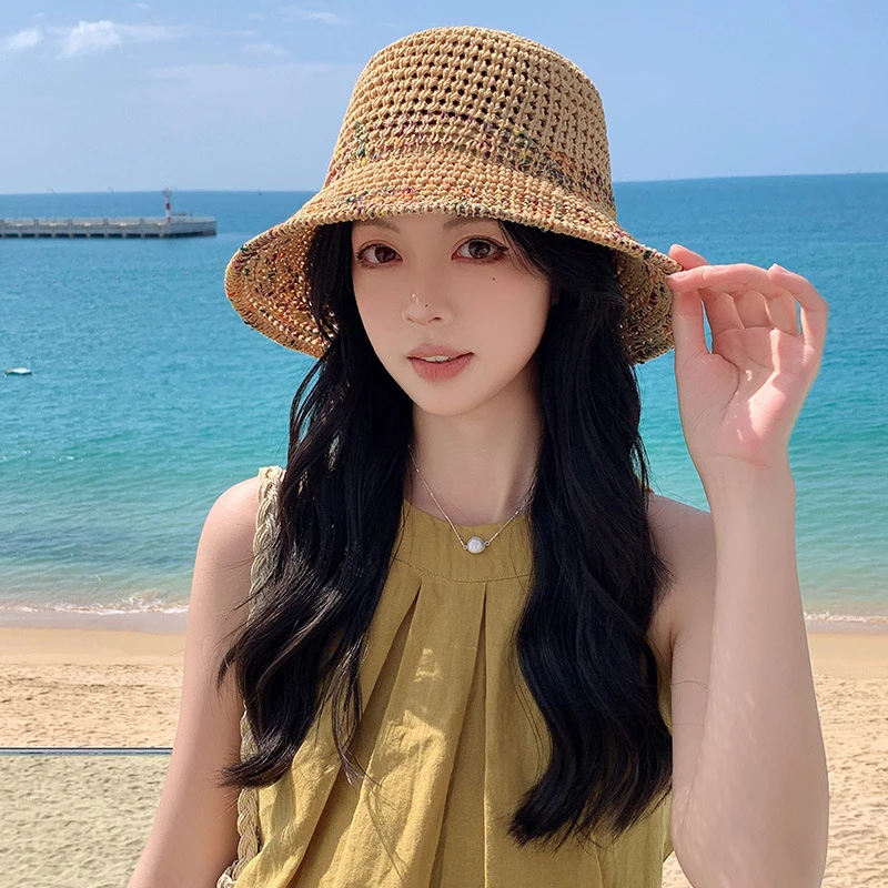 2024夏季新款草编渔夫帽女透气显脸小水桶帽大帽檐防紫外线草帽子