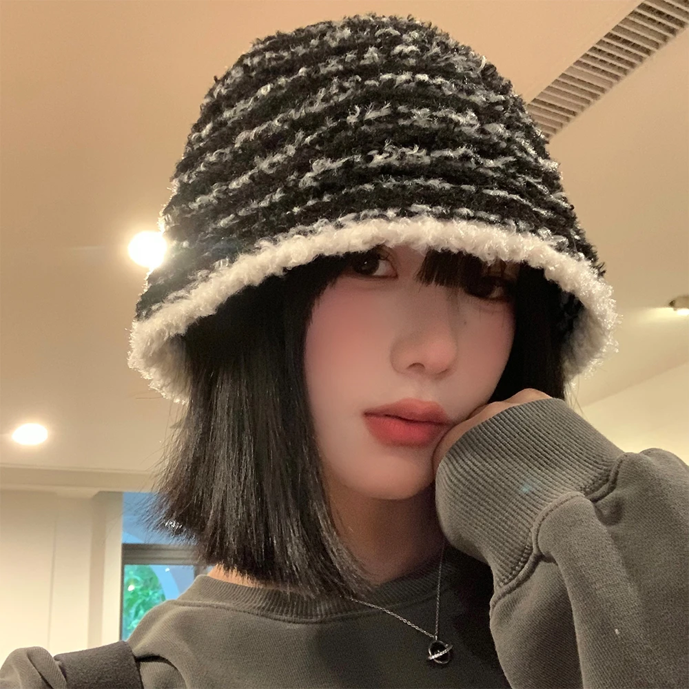 条纹毛绒渔夫帽女秋冬季韩版显脸小针织水桶帽日系大头围保暖帽子