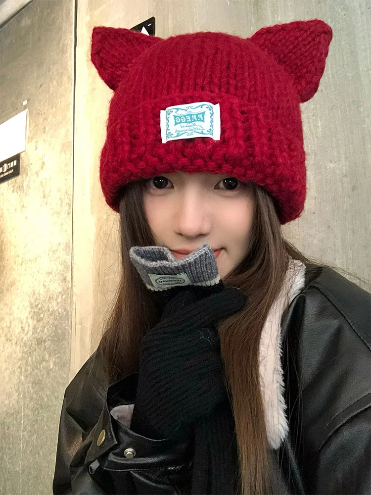 日系可爱猫耳朵针织帽子女冬季纯色手工加厚保暖护耳包头毛线帽