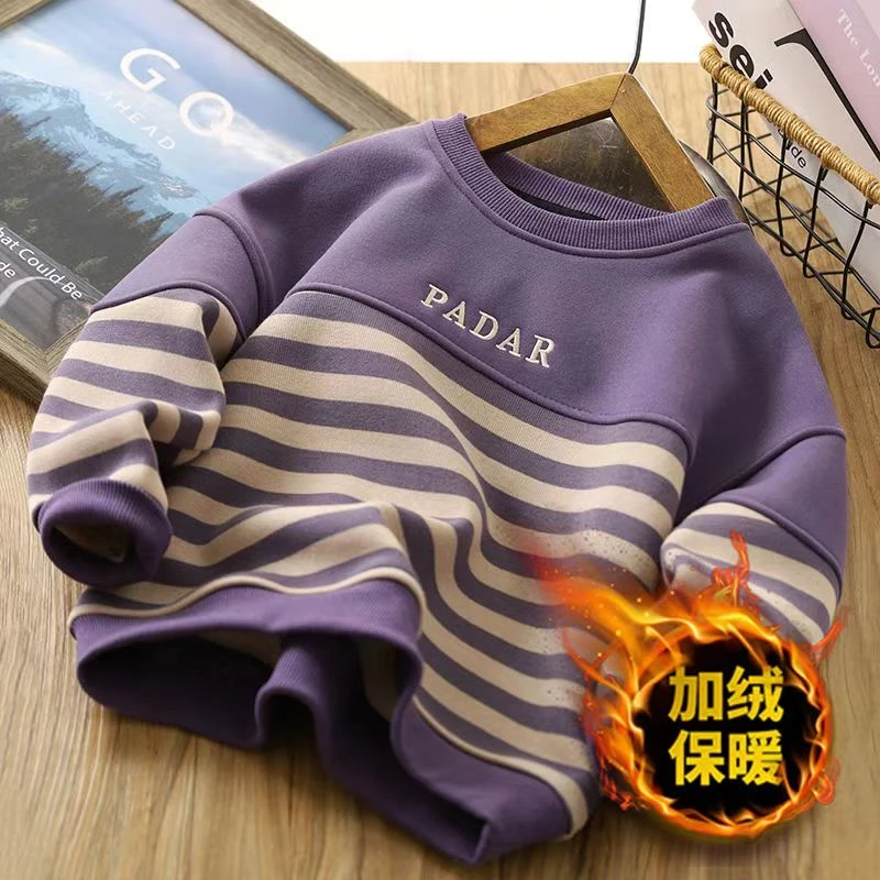 【加绒款】太有范了~姐弟款条纹加绒长袖卫衣萌娃冬装SY
