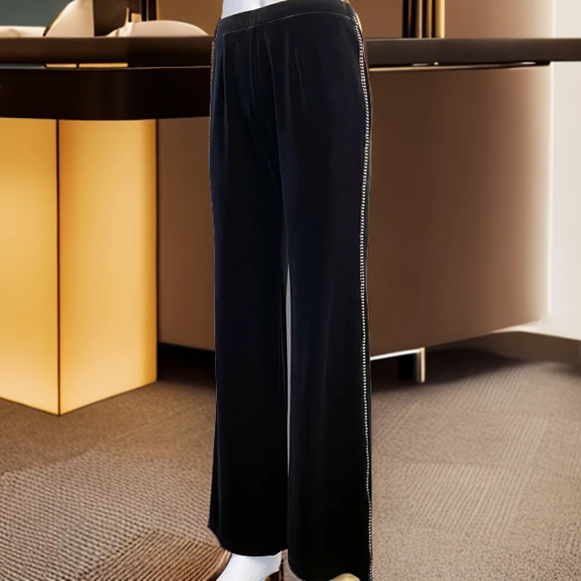 秀巧丝绒4009休闲裤显瘦气质时尚女士黑色高腰直筒裤优雅轻奢