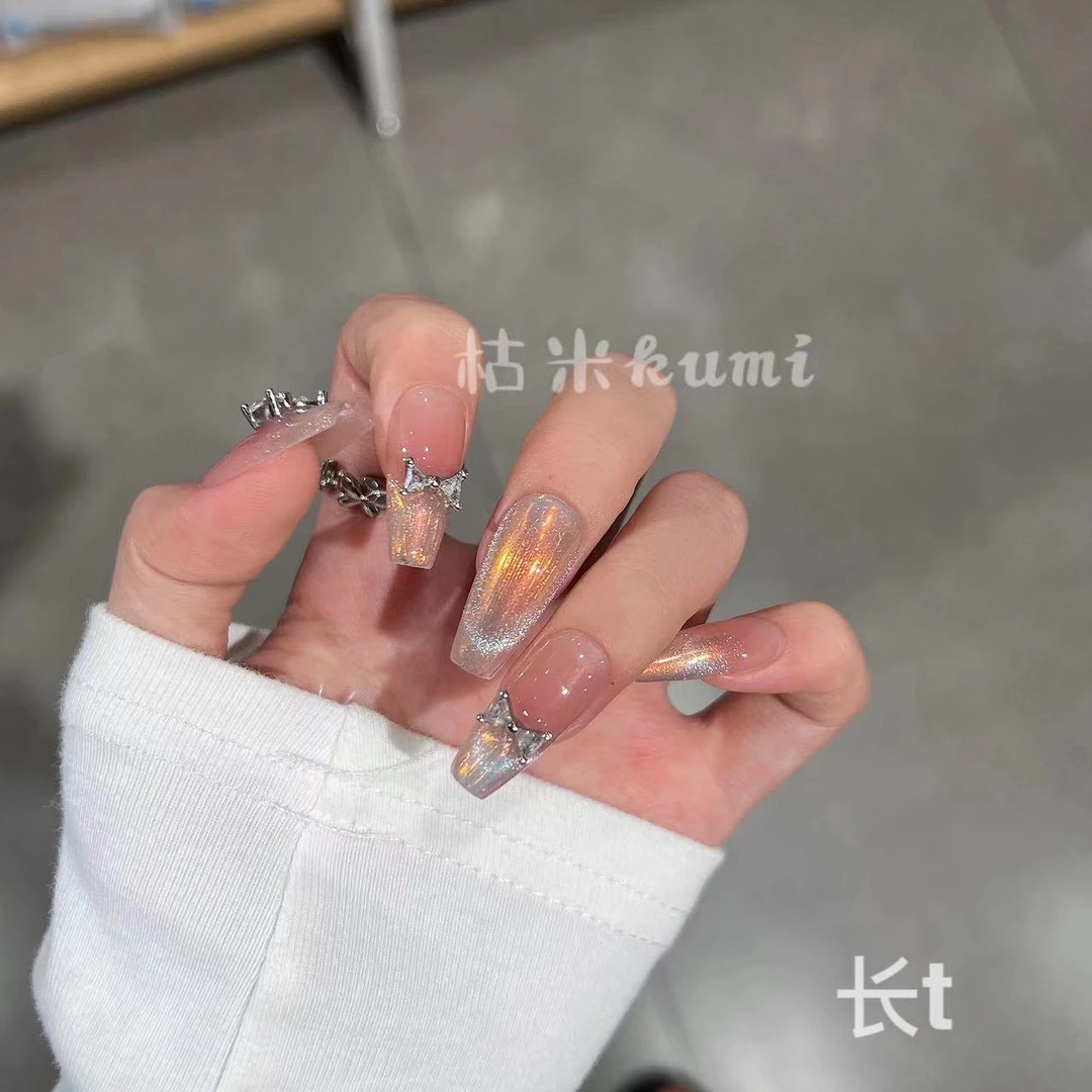 【落日霓虹】纯手工定制穿戴甲腮红渐变晚霞极光粉可拆卸美甲甲片女