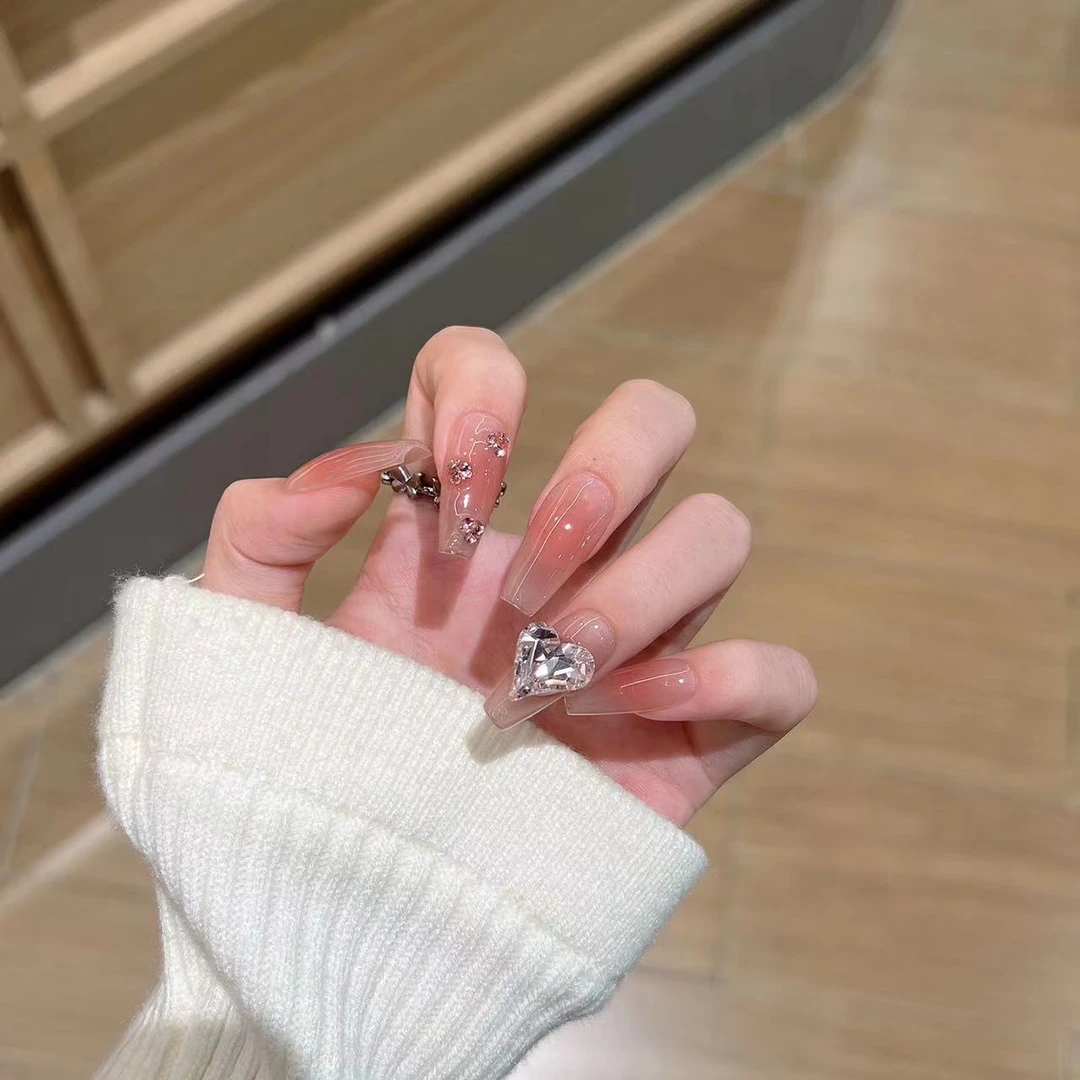 【蜜桃歪心】纯手工穿戴甲穿戴式冰透贴钻纯欲气质指甲贴美甲贴片