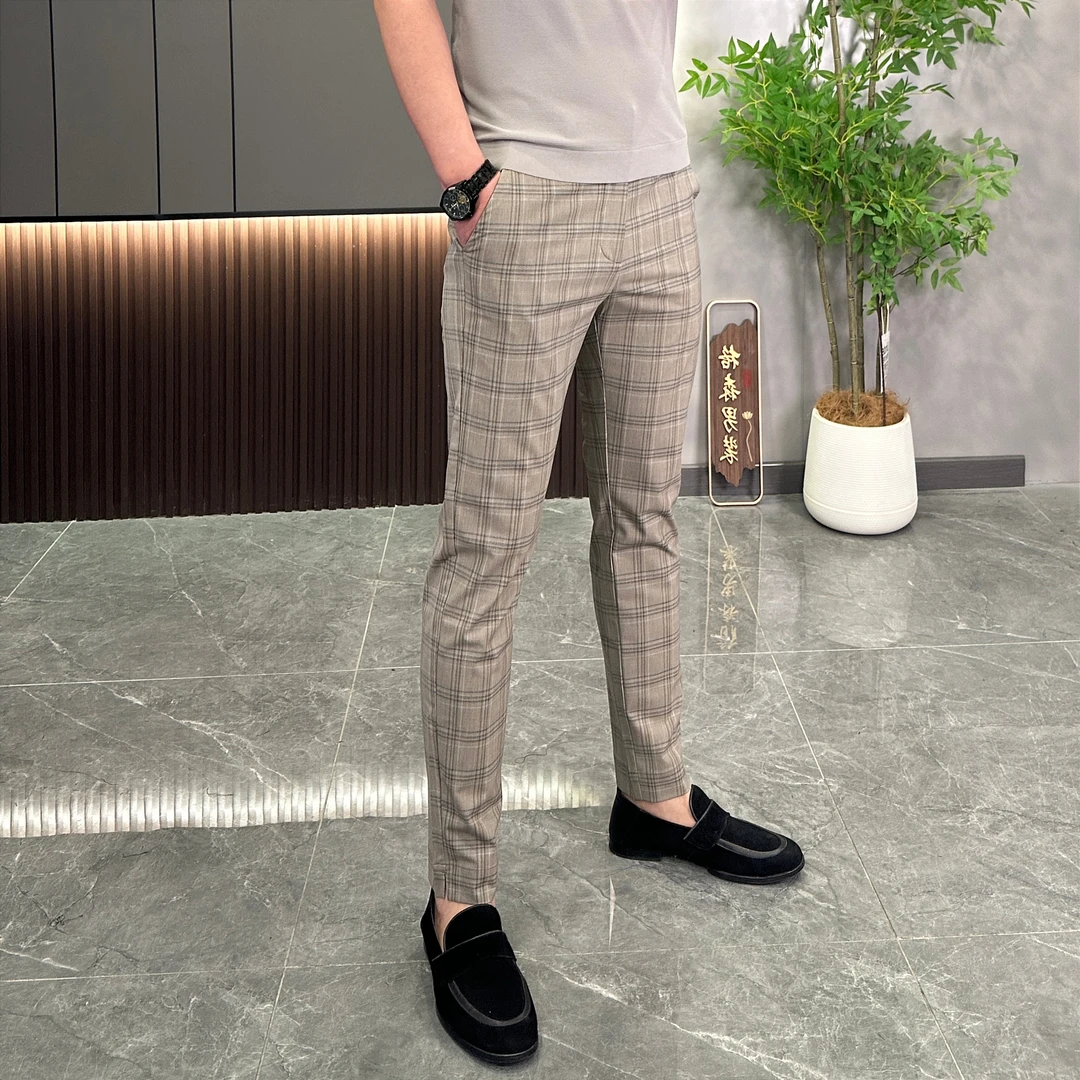 男士夏季格子休闲裤时尚百搭薄款修身潮流格纹休闲裤99538