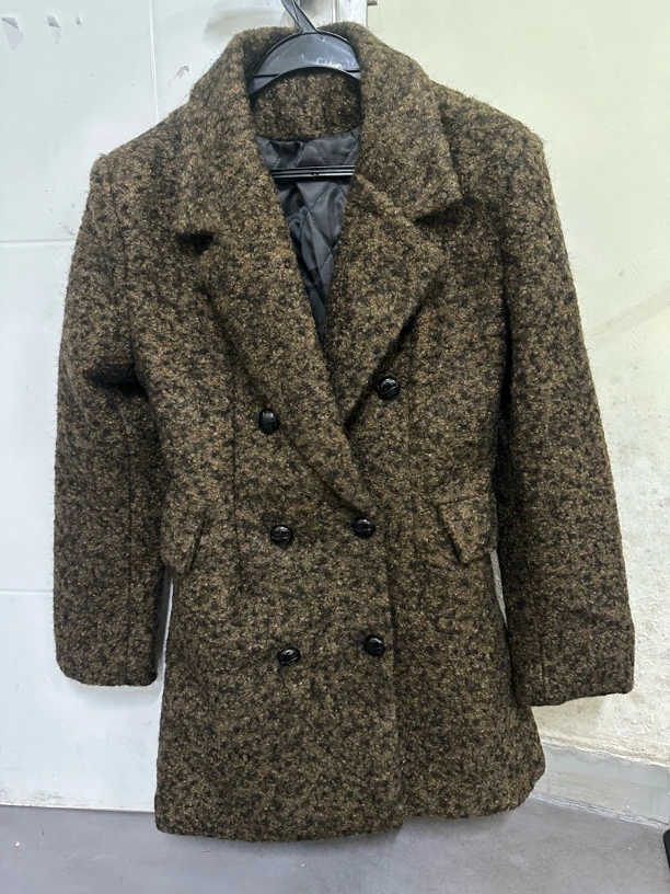 韩版中长款西装垫肩枪驳领毛呢大衣气质外套