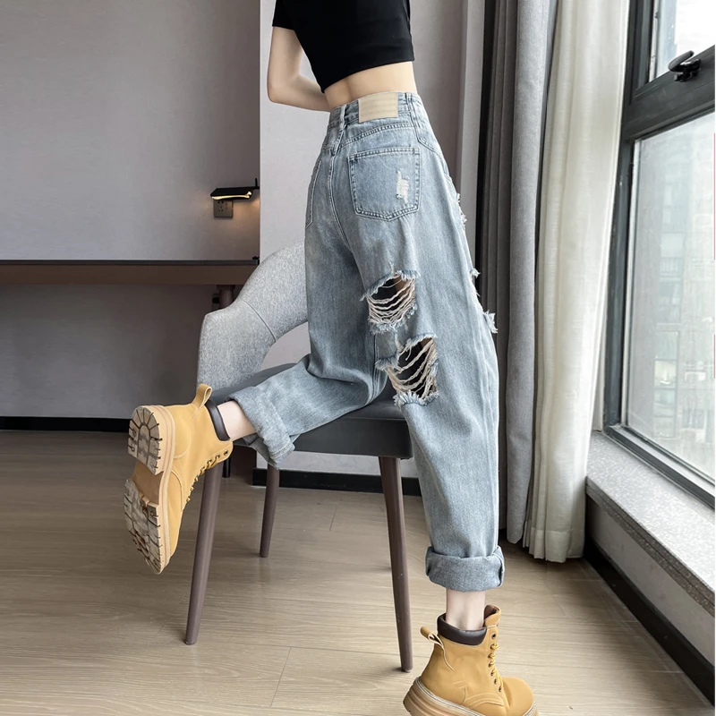 破洞老爹牛仔裤女夏季薄款新款小个子宽松设计感萝卜哈伦裤子