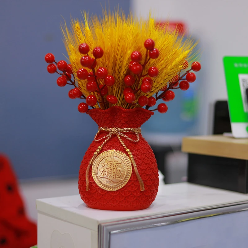 黄金麦穗客厅摆件仿真花福袋花瓶新年乔迁冬青果麦穗干花摆件客厅