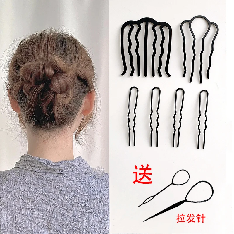 今诩盘发神器简约丸子头插梳发簪黑色懒人U型发夹后脑勺夹子编发