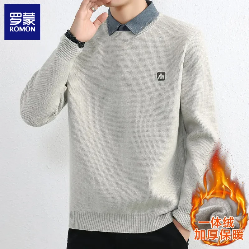 罗蒙假两件毛衣男秋冬季高级感衬衫领男士商务简约针织衫上衣男款