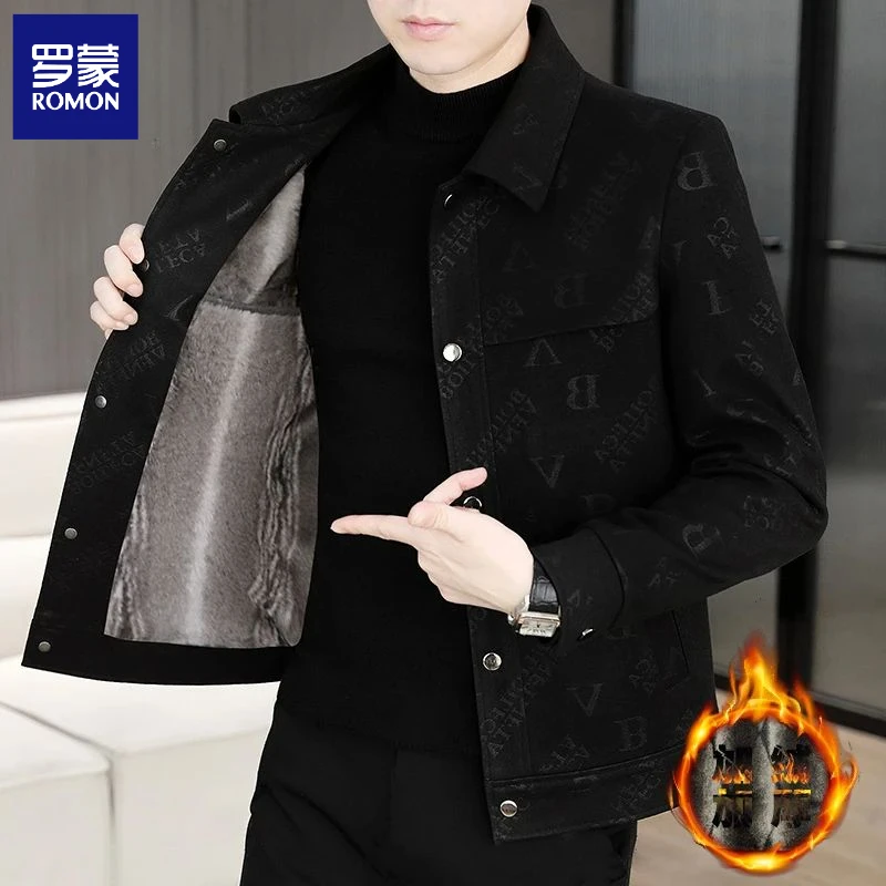 罗蒙2024秋冬新款高档男士休闲时尚翻领字母夹克百搭潮流男装外套