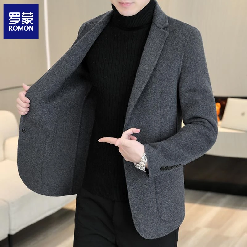 罗蒙【含羊毛】西服男士男款双面呢外套时尚高端西装呢子大衣