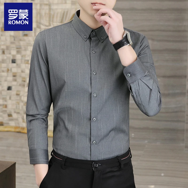 罗蒙衬衫男款长袖灰色条纹男商务休闲男士衬衣中青年高端男装寸衫