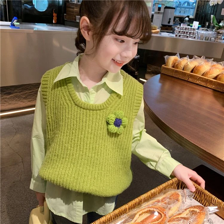 女童背心套头春装外搭新款女孩韩版纯色针织马甲春秋儿童网红上衣