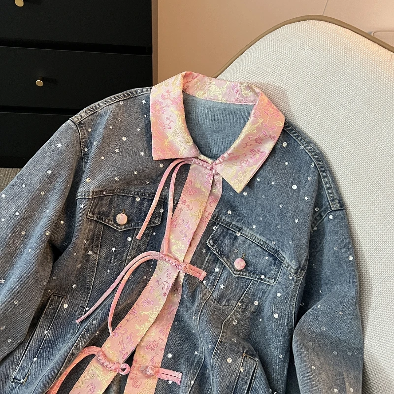 上衣女外套春秋洋气时尚牛仔衣重工休闲女韩版时髦拼接渐变新中式