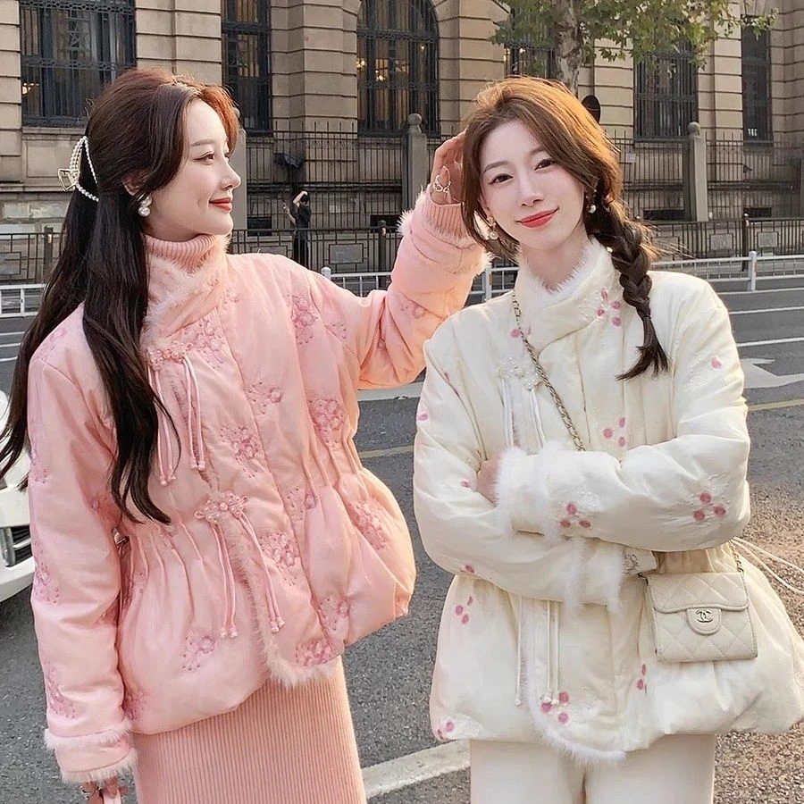 中式刺绣盘扣收腰保暖外套加厚立领宽松时尚上衣冬季中国风