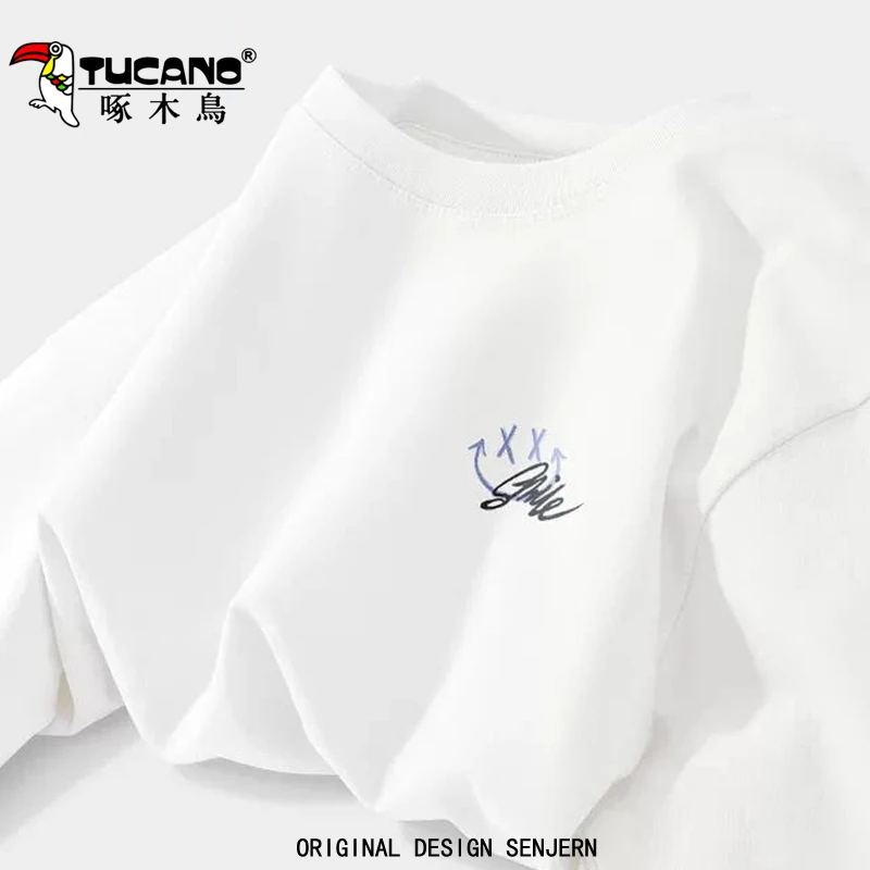 啄木鸟情侣纯棉长袖T恤宽松男女青少年春秋冬全棉白色打底衫潮