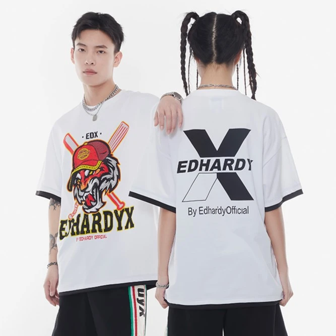 EDHARDY X 夏季新款烫钻棒球风虎头短袖情侣休闲圆领T恤 X1PBU502