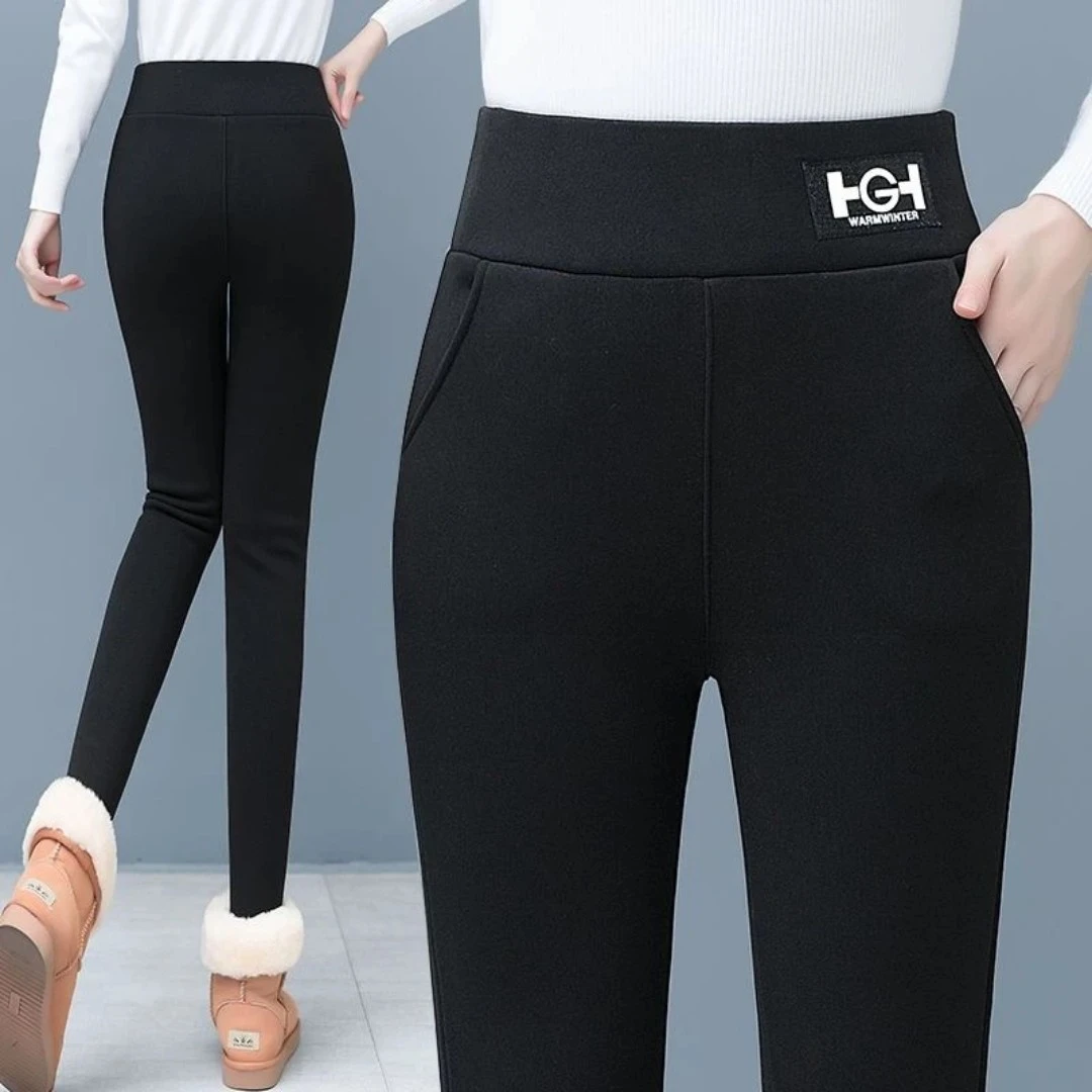 9冬季加绒加厚北极绒外穿打底裤女高腰显瘦大码修身小脚一体裤子