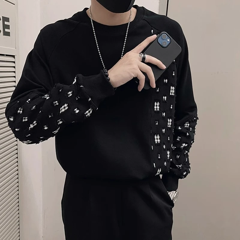 2023年秋季时尚新款复古破洞拼接撞色高级感穿搭卫衣潮流百搭上衣