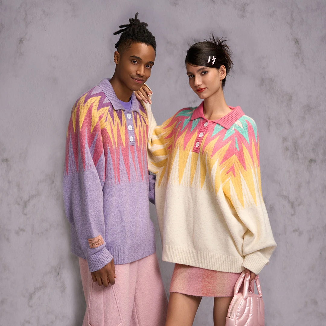 CANOTWAIT_陈伟霆CNW秋冬休闲宽松撞色条纹POLO翻领慵懒风毛衣