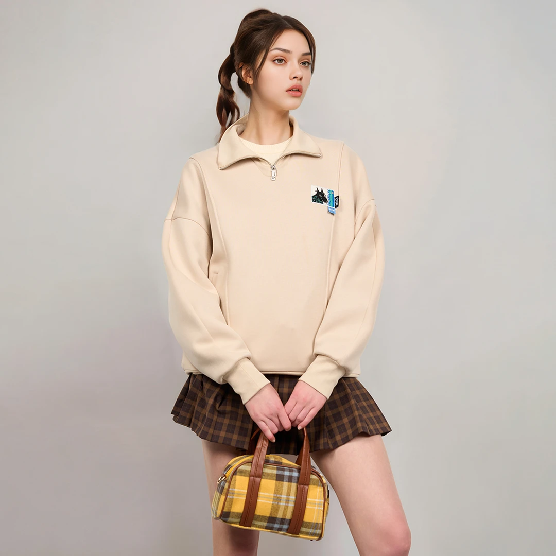 CANOTWAIT_陈伟霆动物图案廓形半拉链卫衣秋冬宽松加绒套头卫衣