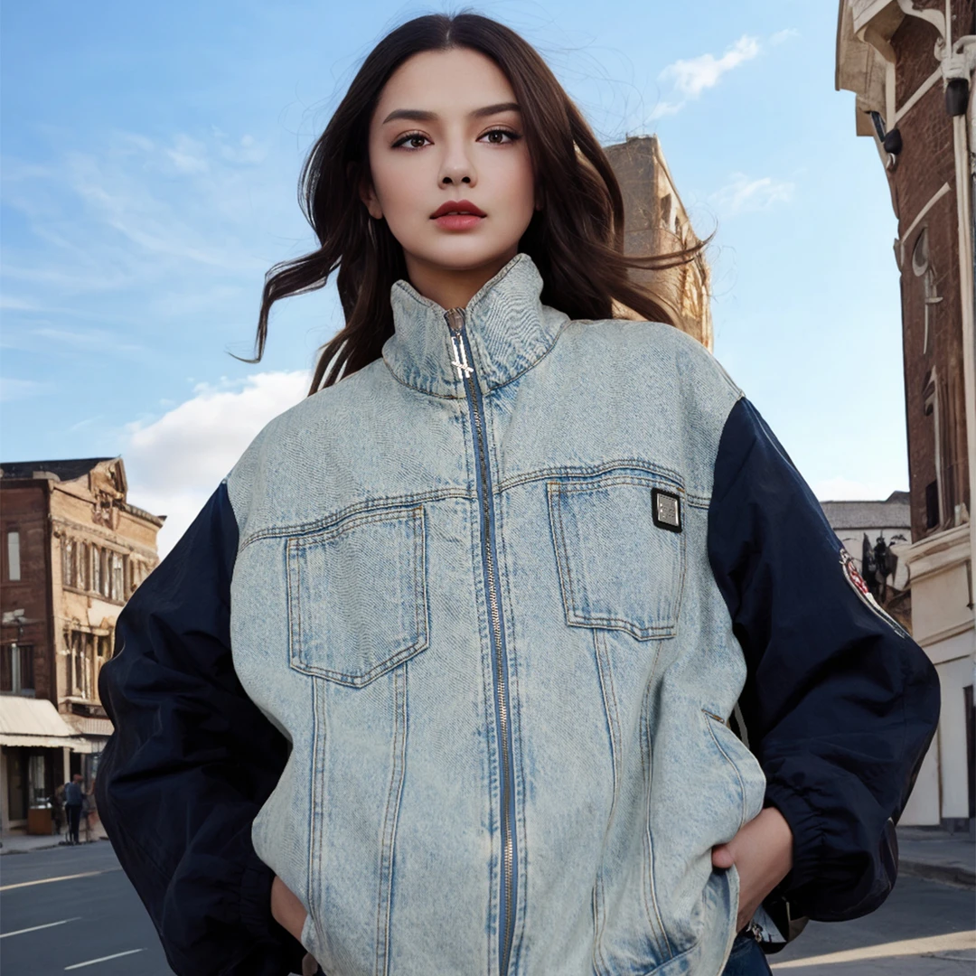 CANOTWAIT_陈伟霆撞色拼接牛仔夹克宽松休闲情侣外套