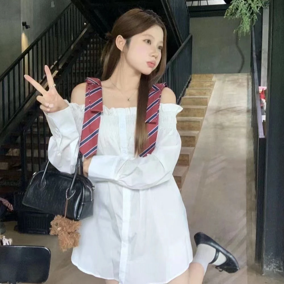 【莹莹推荐】小众设计感露肩长袖衬衫女新款肩带拼接中长款别致衬衣
