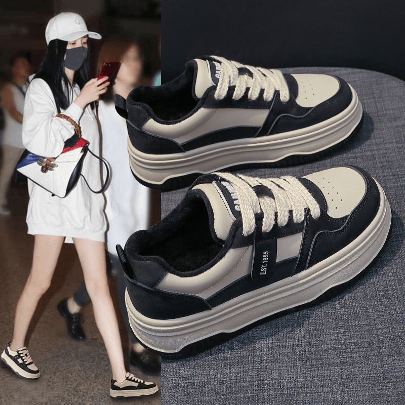 美拉德板鞋女2023新款秋冬季加绒百搭真皮厚底休闲运动学生小白鞋