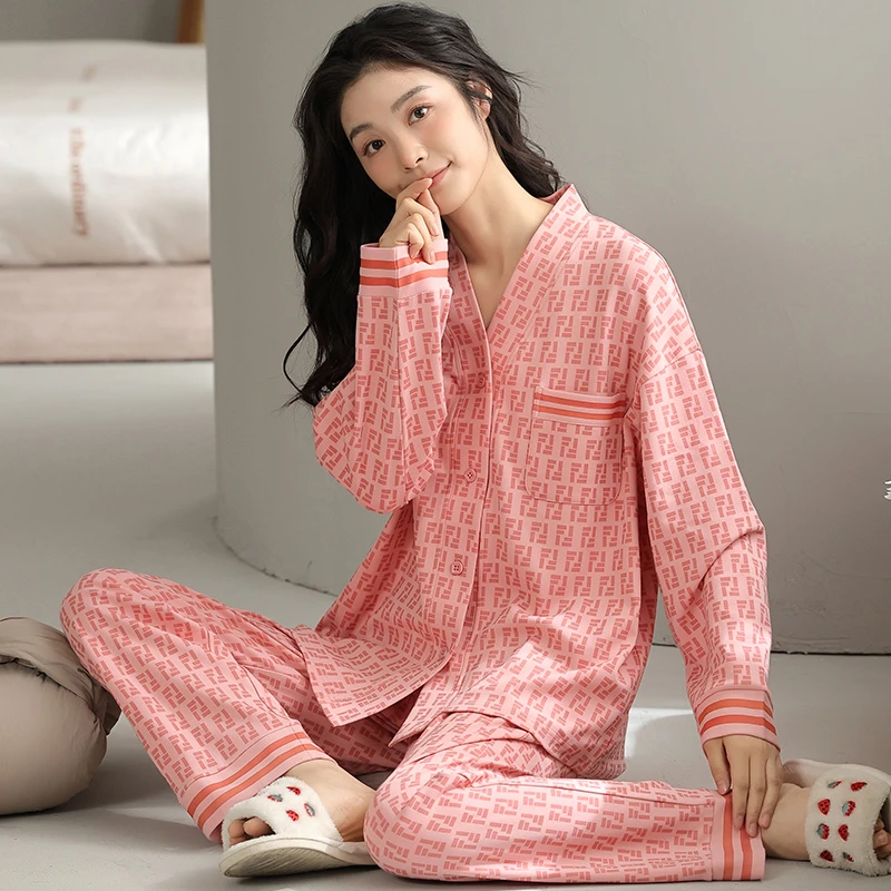 美怡典睡衣女春秋亲肤棉长袖和服开衫两件套网红家居服套装可外穿