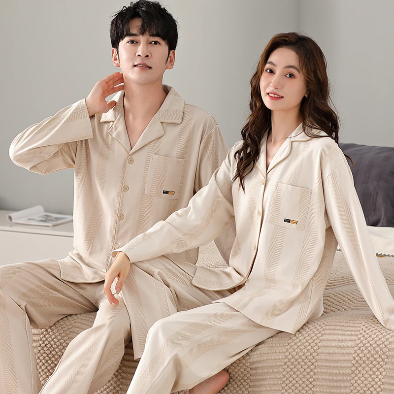 美怡典情侣睡衣男女春秋季亲肤棉翻领简约高级家居服套装可外穿