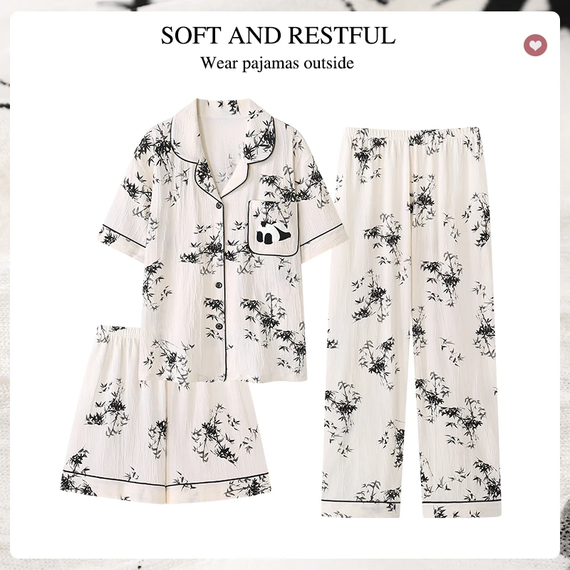 美怡典夏季熊猫水墨风睡衣女三件套家居服套装睡衣女大码薄款卡通