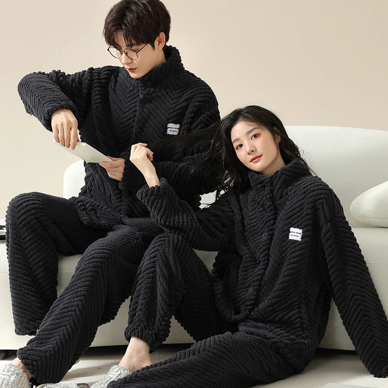 美怡典法兰绒情侣睡衣女冬加厚加绒长袖男士家居服套装可外出时尚