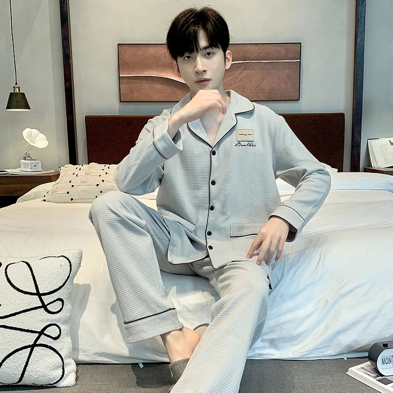 美怡典睡衣男秋季舒适棉长袖华夫格翻领开衫家居服男士套装可外穿