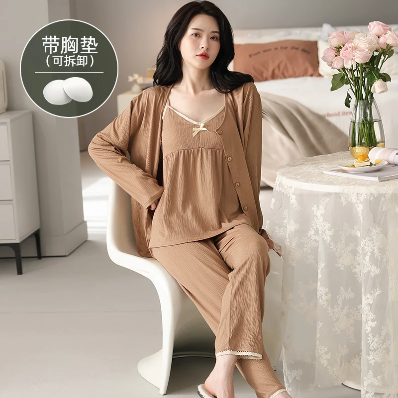 美怡典带胸垫睡衣女秋季舒适简约可外穿性感吊带三件套家居服套装