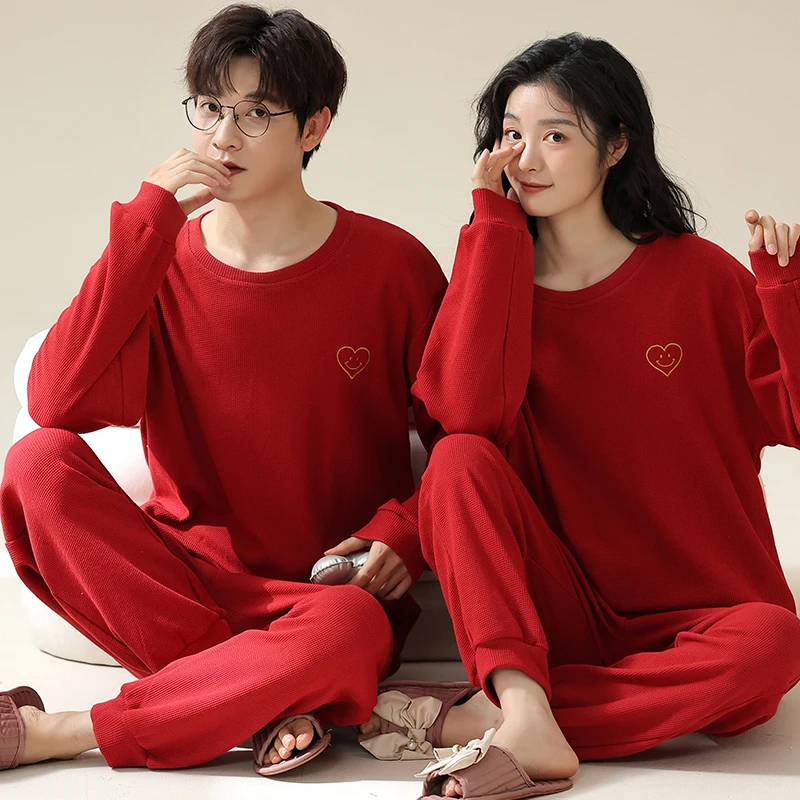 美怡典华夫格情侣睡衣女亲肤棉长袖本命年套头男家居服套装可外穿