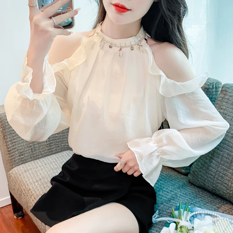 法式贝壳挂脖露肩雪纺衫女秋季喇叭长袖宽松洋气减龄上衣甜美小衫