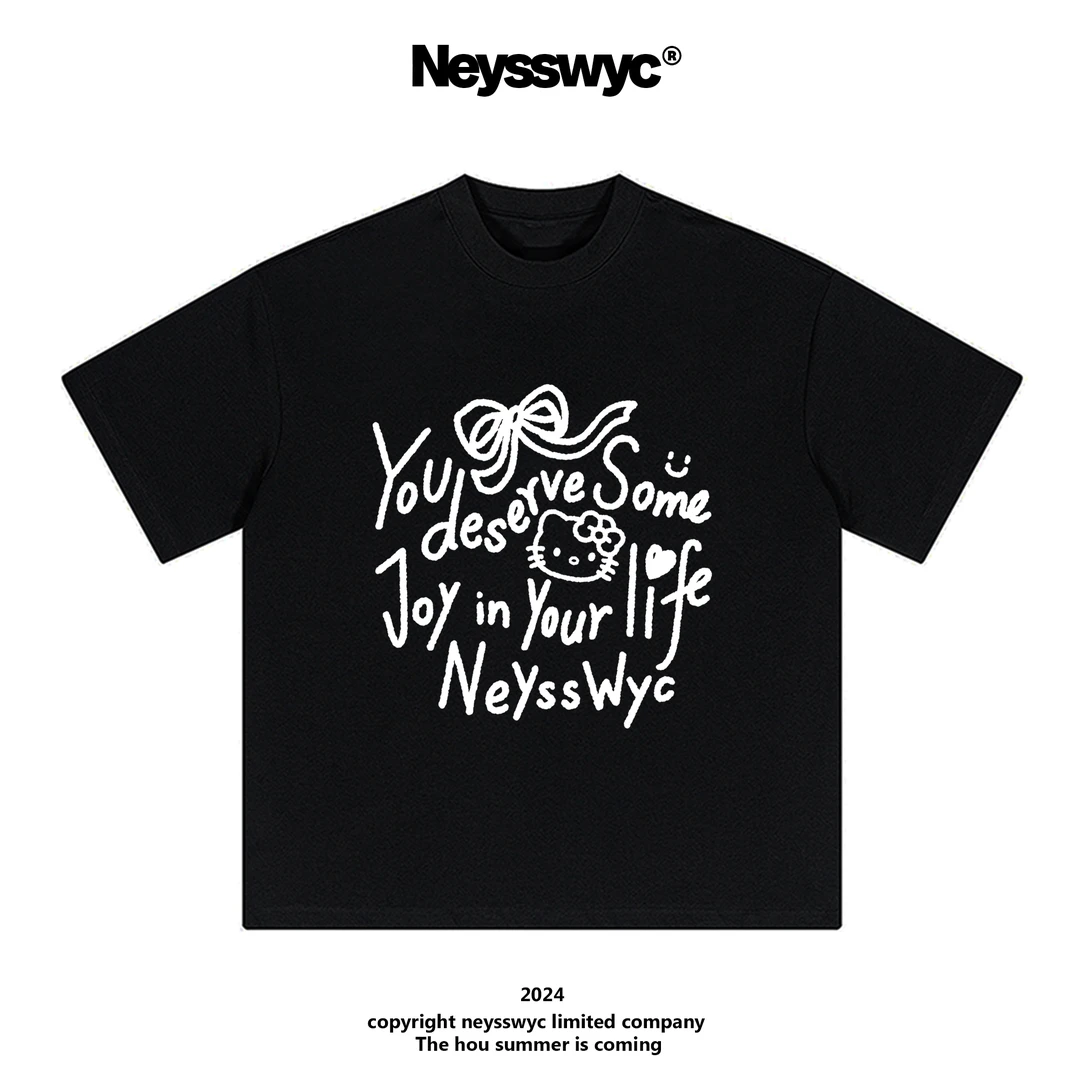 NEYSSWYC 【售完不补】蝴蝶结黑色短袖宽松可爱T恤KT涂鸦夏季