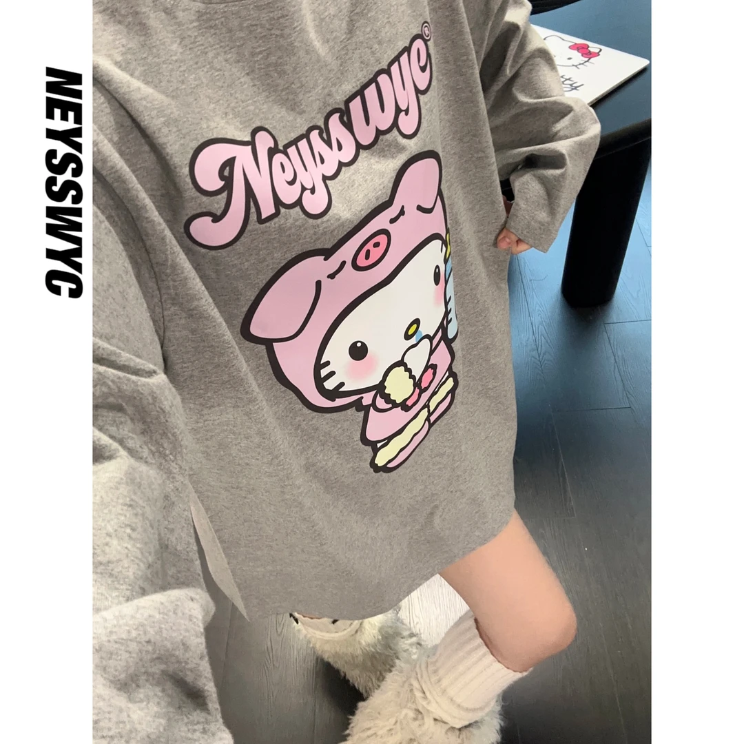 NEYSSWYC 【售完不补】奶瓶kt  花灰色 可爱长袖T恤 卡通宽松