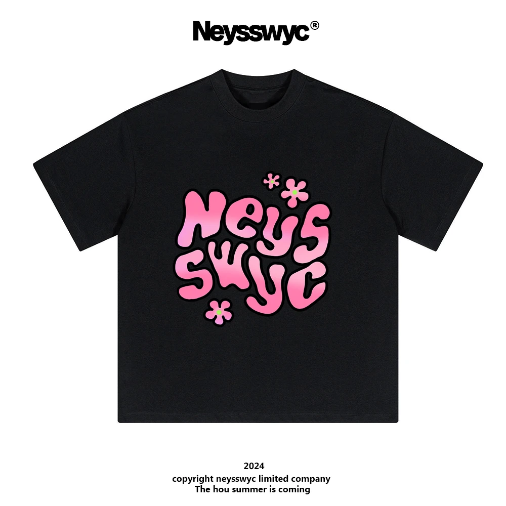 NEYSSWYC  原创花朵黑白字母短袖T恤可爱猫T恤宽松情侣夏季美式风