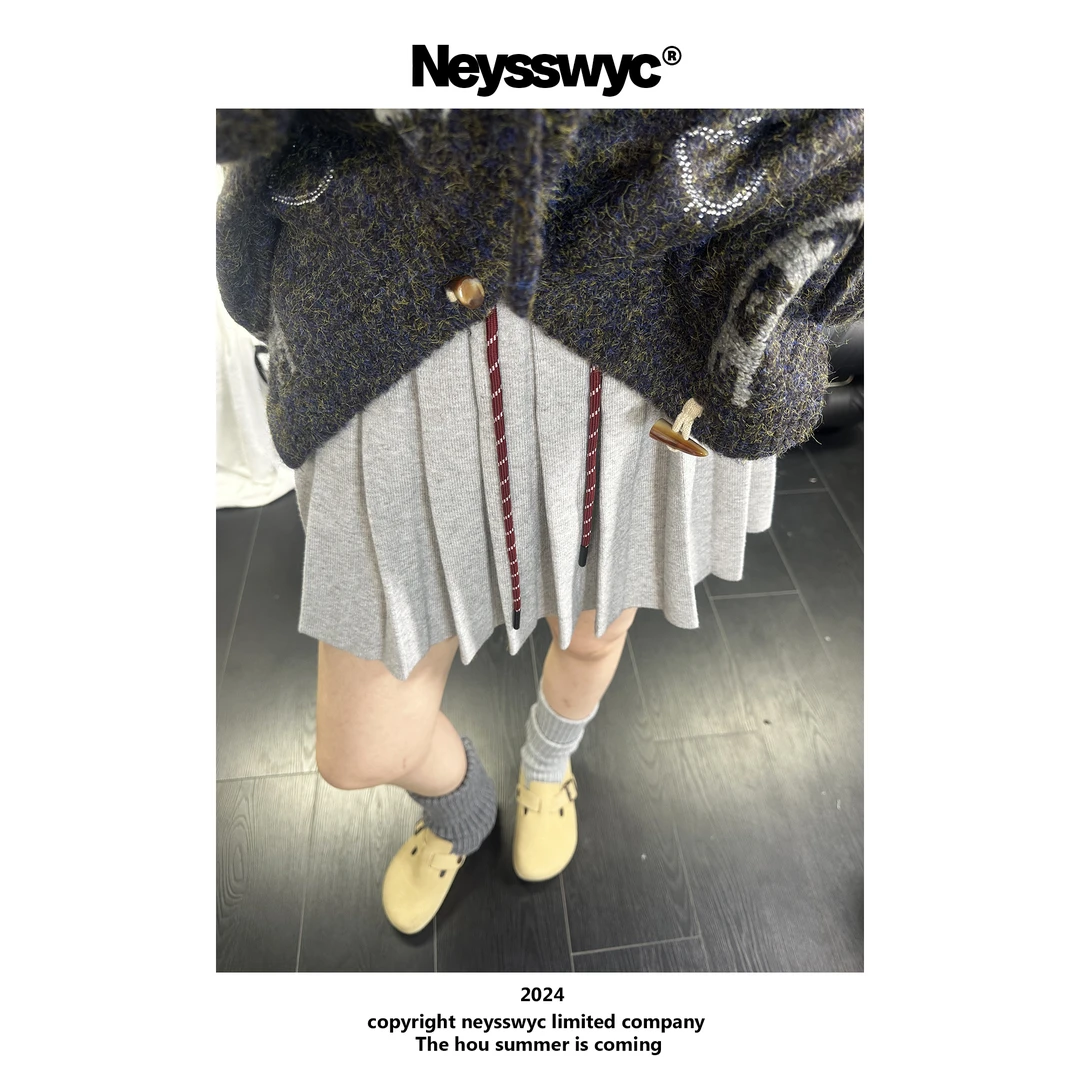 NEYSSWYC  灰色休闲百褶裙纯色针织学院风百搭秋冬季系绳时尚洋气