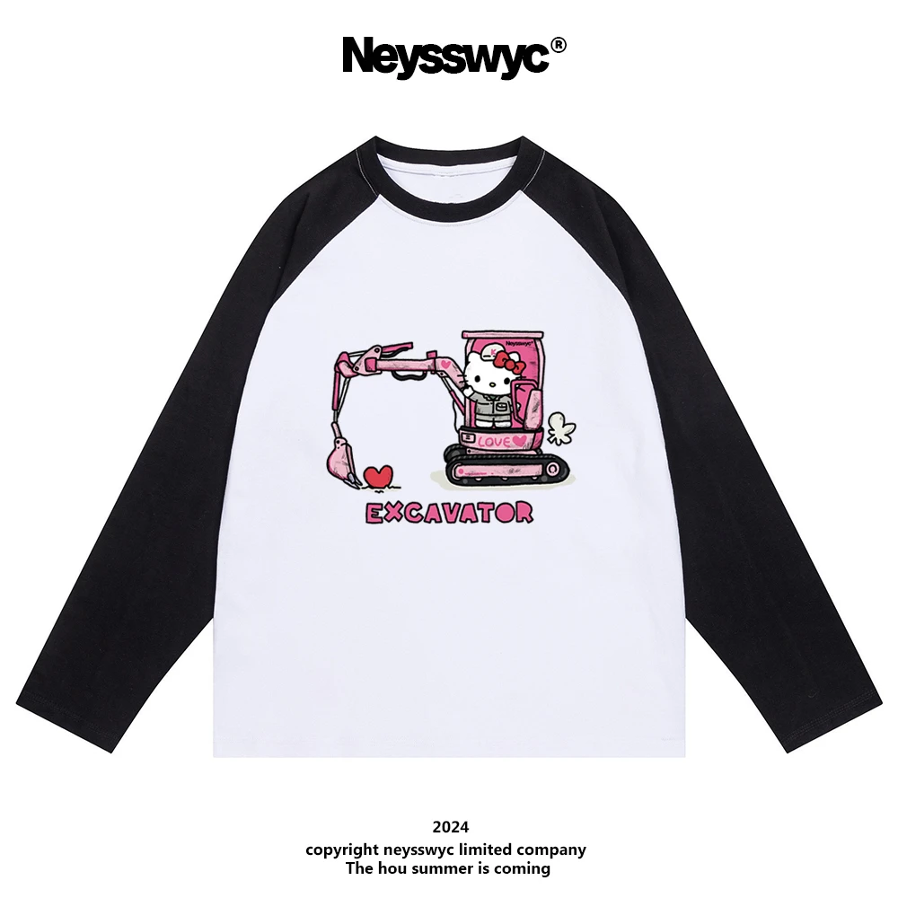 NEYSSWYC 【售完不补】挖挖机黑白趣味卡通可爱猫咪插肩长袖T恤