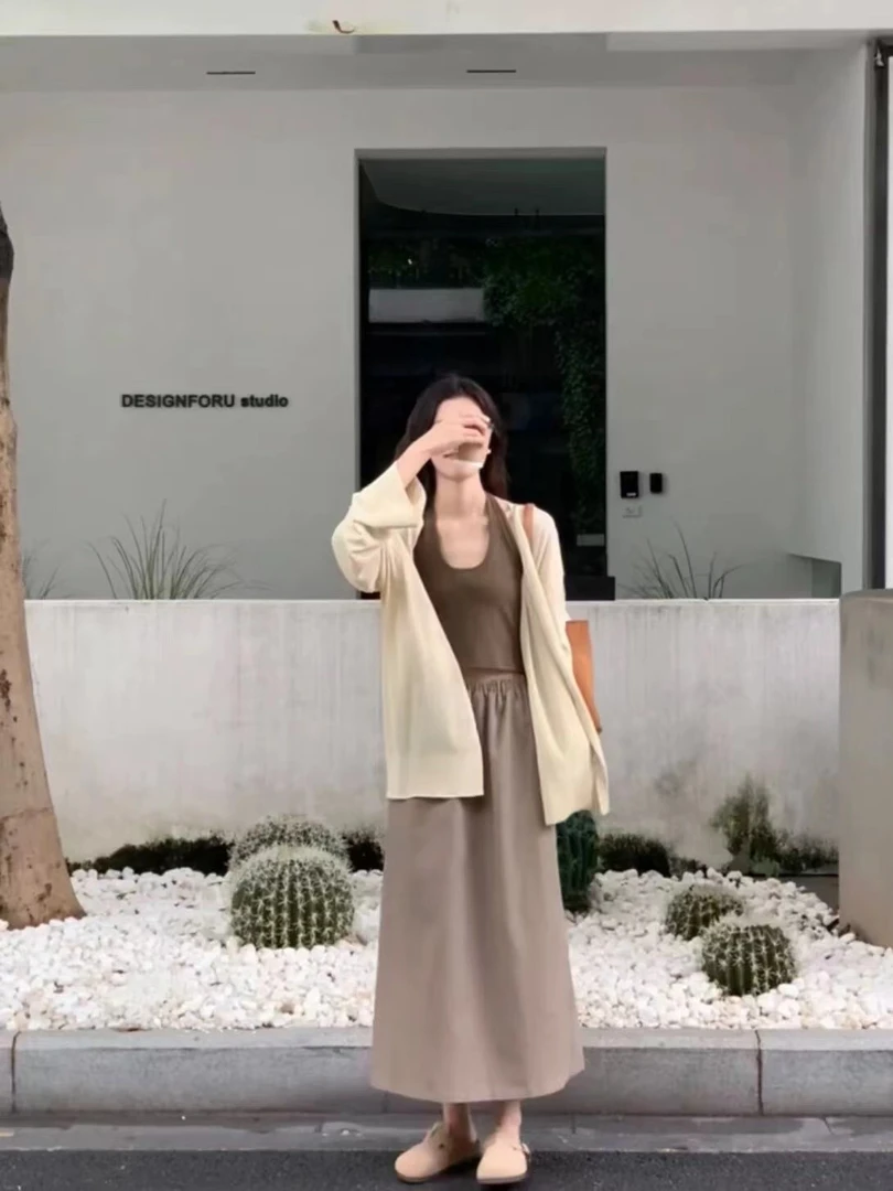 新中式禅意防晒开衫吊带半身裙三件套女秋季慵懒风套装