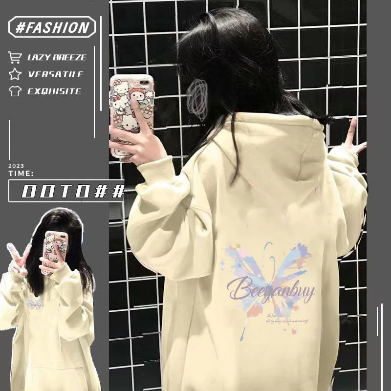 新款蝴蝶卫衣女ins潮学生oversize秋冬宽松韩版印花连帽加绒外套