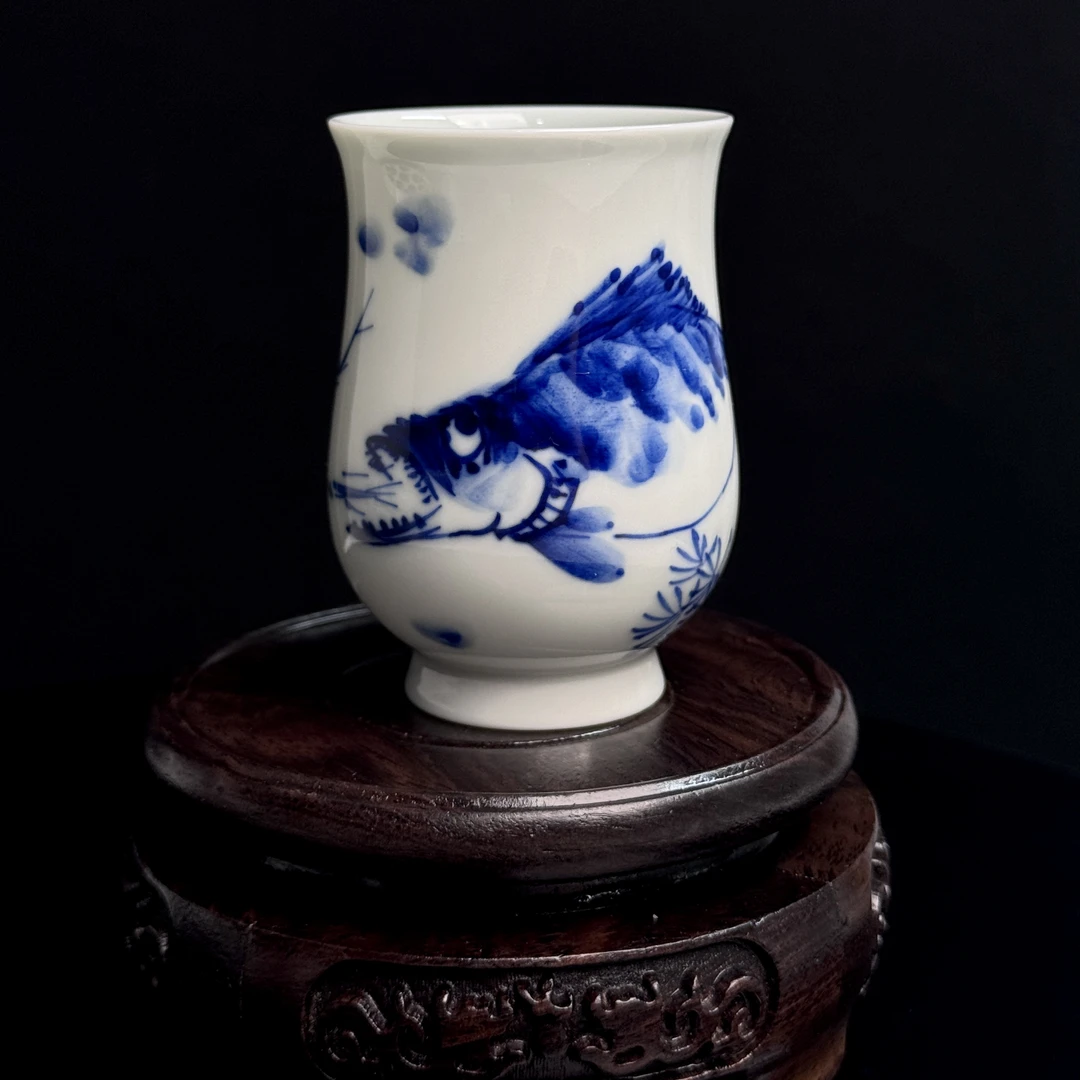 【佑见草堂】景德镇青花鳜鱼鱼藻闻香杯纯手工手绘写意单闻香杯