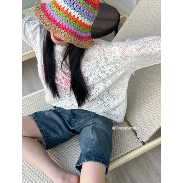 HELLOTANGO《梦幻轻纱》小众休闲透气蕾丝长袖打底84151#