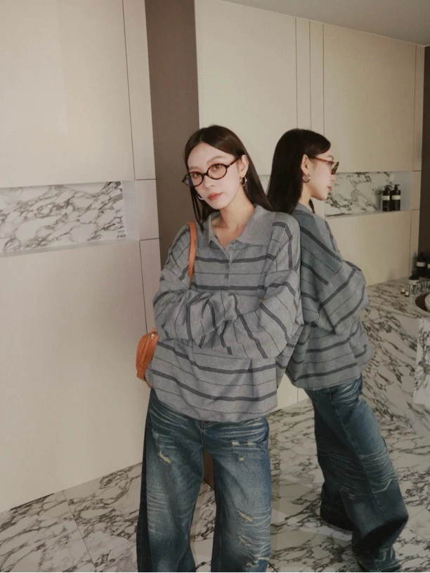 HELLOTANGO《高智女孩》小众韩版高级松弛感条纹polo针织上衣8283#