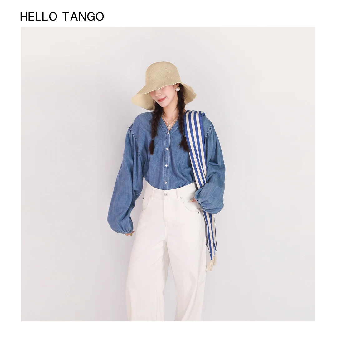 HELLOTANGO《蓝调时刻》小众潮流复古高腰V领牛仔衬衫53805#