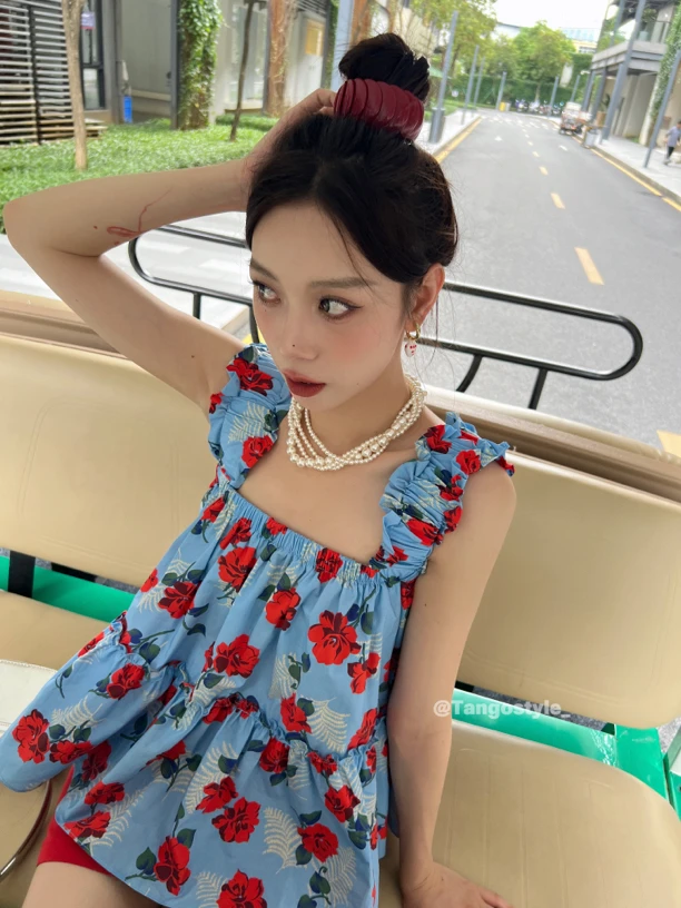 HELLOTANGO《夏日恋曲》小众设计蓝碎花吊带裙53521/53521-1