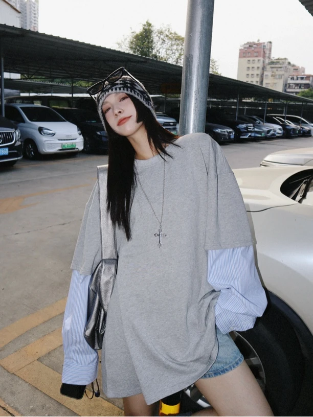 HELLOTANGO《休闲模式》小众个性撞色拼接条纹长袖假两件卫衣54957#