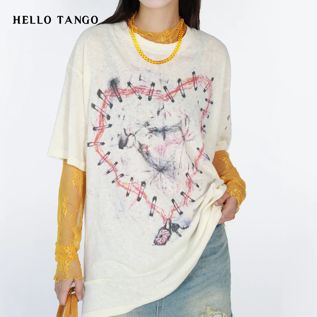 HELLOTANGO《不浪漫罪名》小众复古别致个性破洞爱心短袖T恤84412#